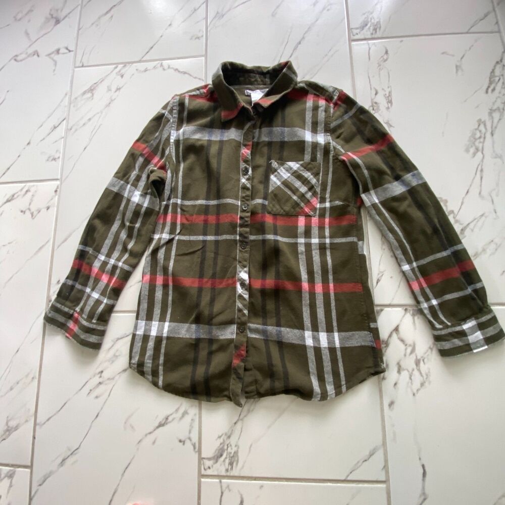 K Jordan Womens S Olive Green Coral Red Plaid Cotton Flannel Long Sleeve Shirt